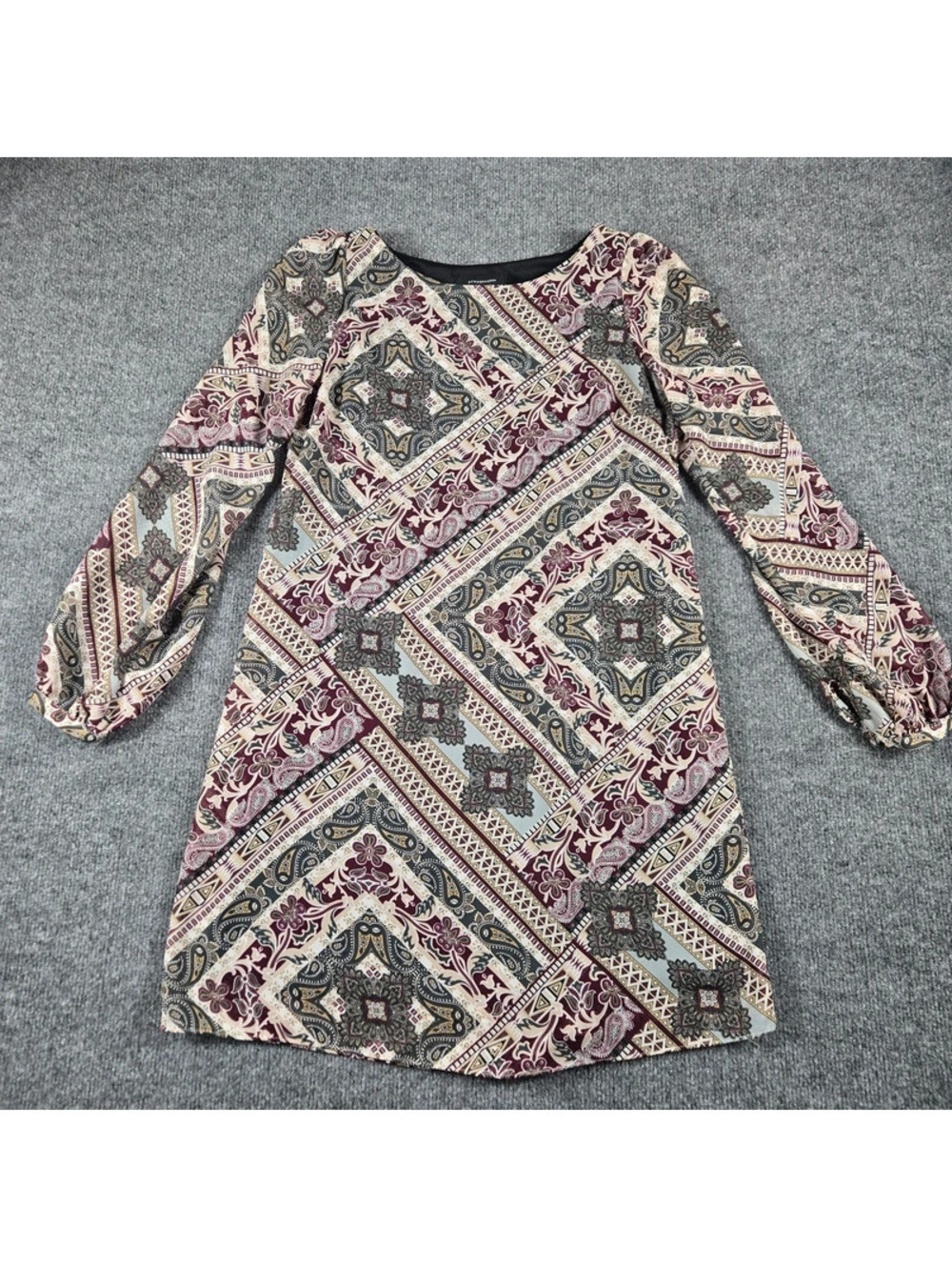 Atmosphere Paisley Shift Dress Women’s US 4 Burgundy Boho Long Sleeve